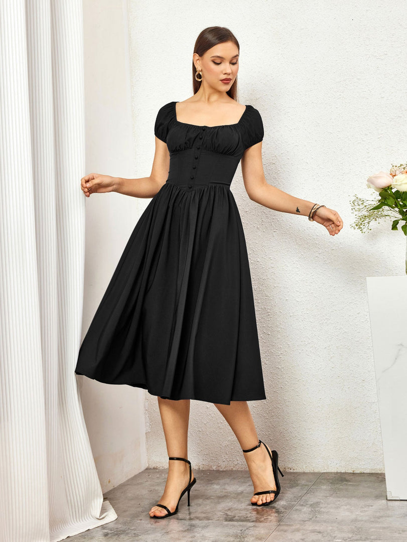 Puff Sleeve Ruched Bust Button Midi Dress | Wedding Guest Dress, Cocktail Dress