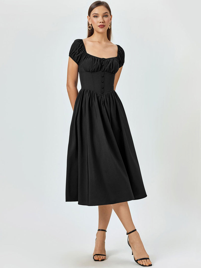 Puff Sleeve Ruched Bust Button Midi Dress | Wedding Guest Dress, Cocktail Dress