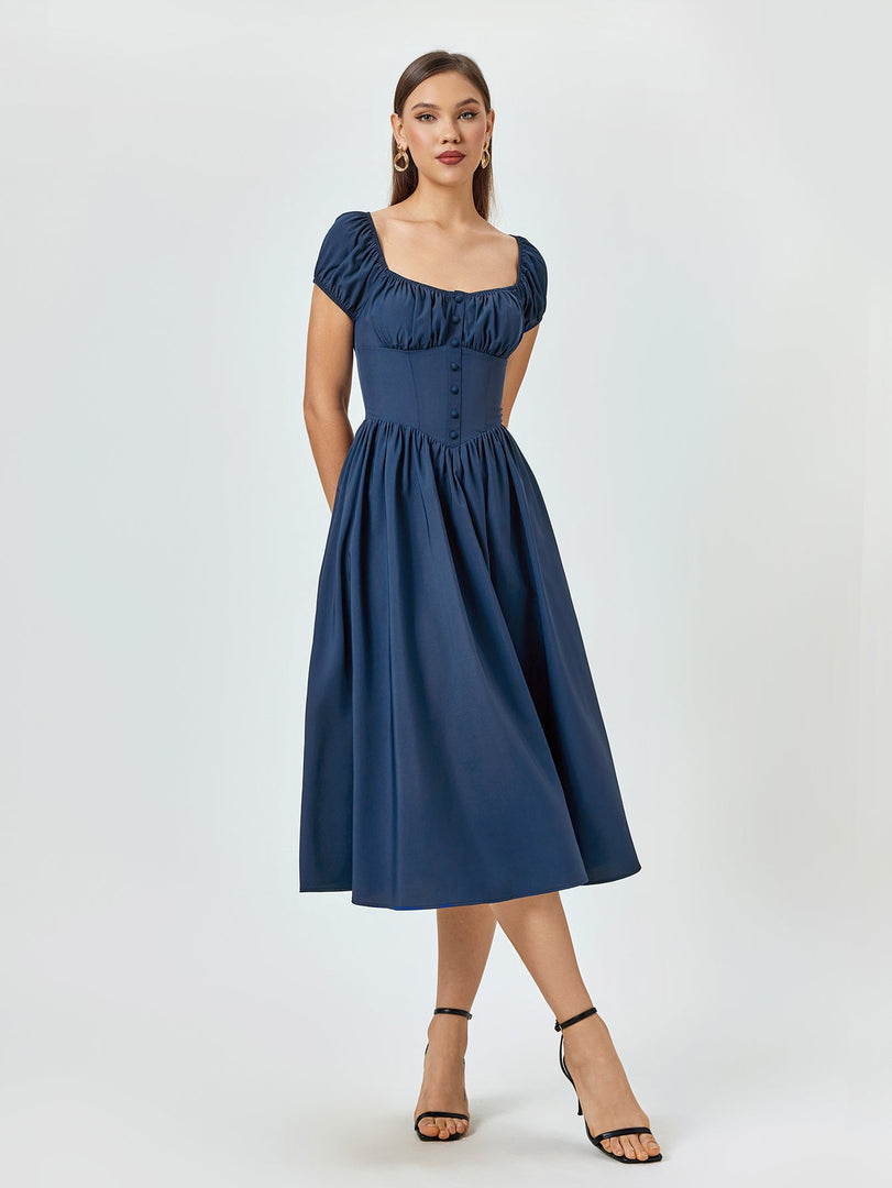 Puff Sleeve Ruched Bust Button Midi Dress | Wedding Guest Dress, Cocktail Dress