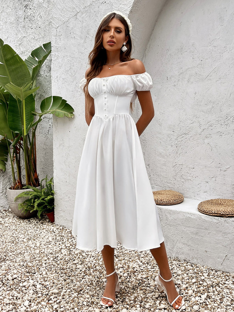 Puff Sleeve Ruched Bust Button Midi Dress | Wedding Guest Dress, Cocktail Dress
