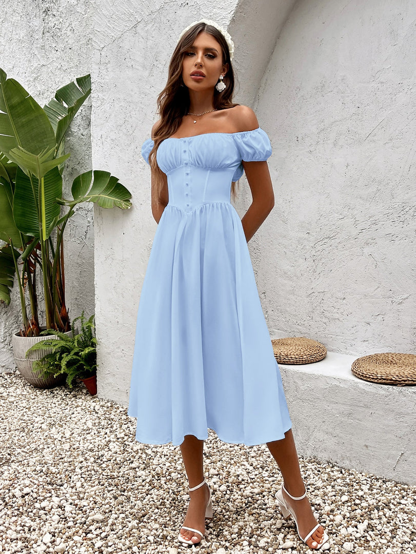 Puff Sleeve Ruched Bust Button Midi Dress | Wedding Guest Dress, Cocktail Dress