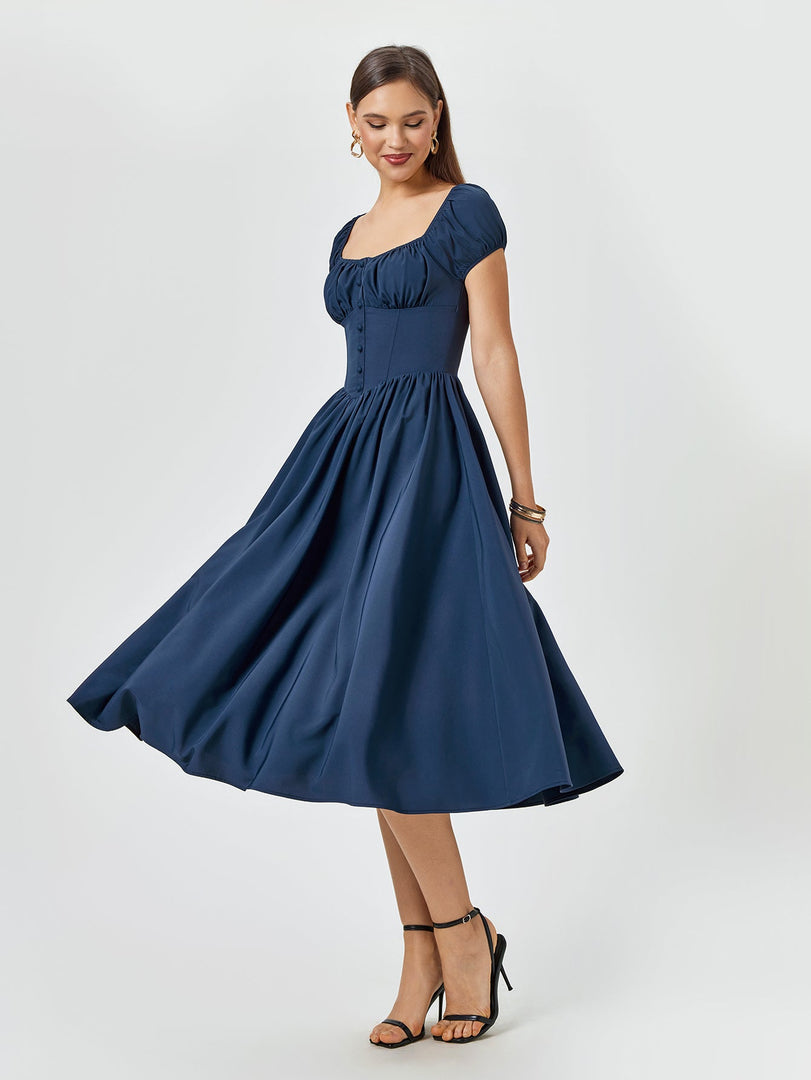 Puff Sleeve Ruched Bust Button Midi Dress | Wedding Guest Dress, Cocktail Dress