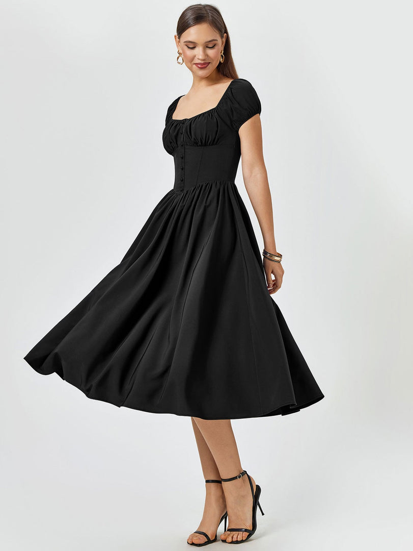 Puff Sleeve Ruched Bust Button Midi Dress | Wedding Guest Dress, Cocktail Dress