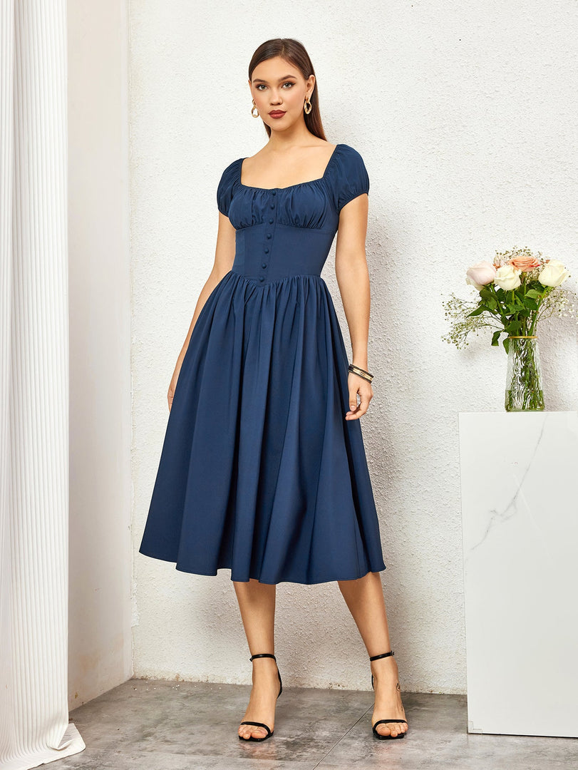 Puff Sleeve Ruched Bust Button Midi Dress | Wedding Guest Dress, Cocktail Dress