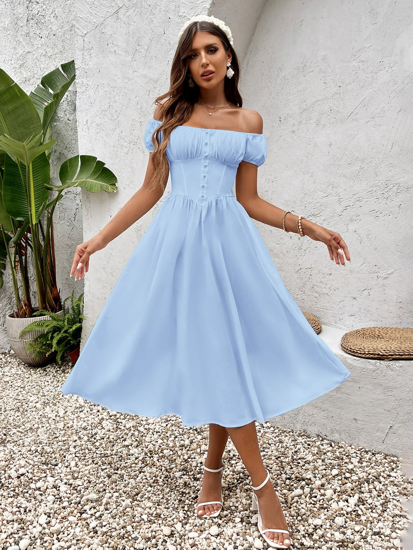 Puff Sleeve Ruched Bust Button Midi Dress | Wedding Guest Dress, Cocktail Dress