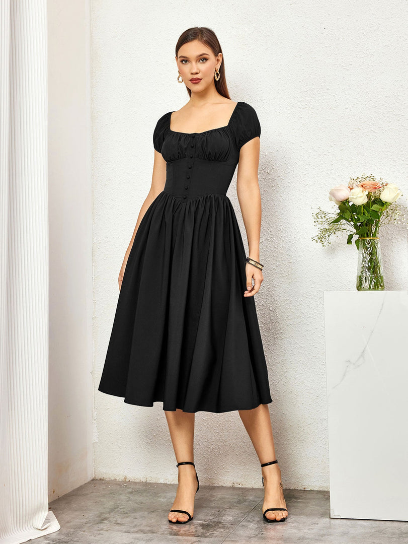 Puff Sleeve Ruched Bust Button Midi Dress | Wedding Guest Dress, Cocktail Dress