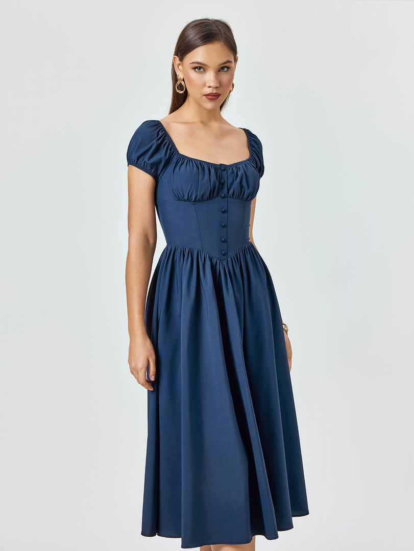 Puff Sleeve Ruched Bust Button Midi Dress | Wedding Guest Dress, Cocktail Dress