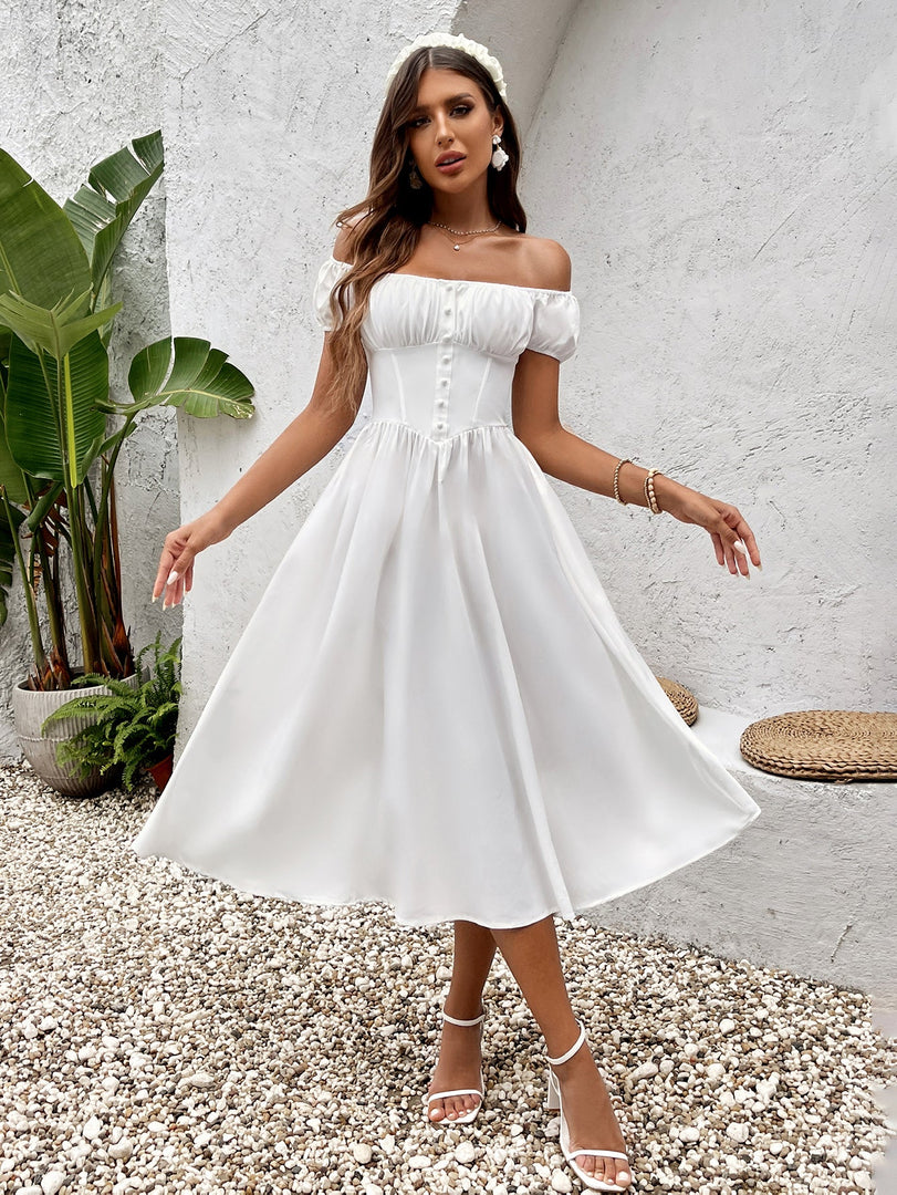 Puff Sleeve Ruched Bust Button Midi Dress | Wedding Guest Dress, Cocktail Dress