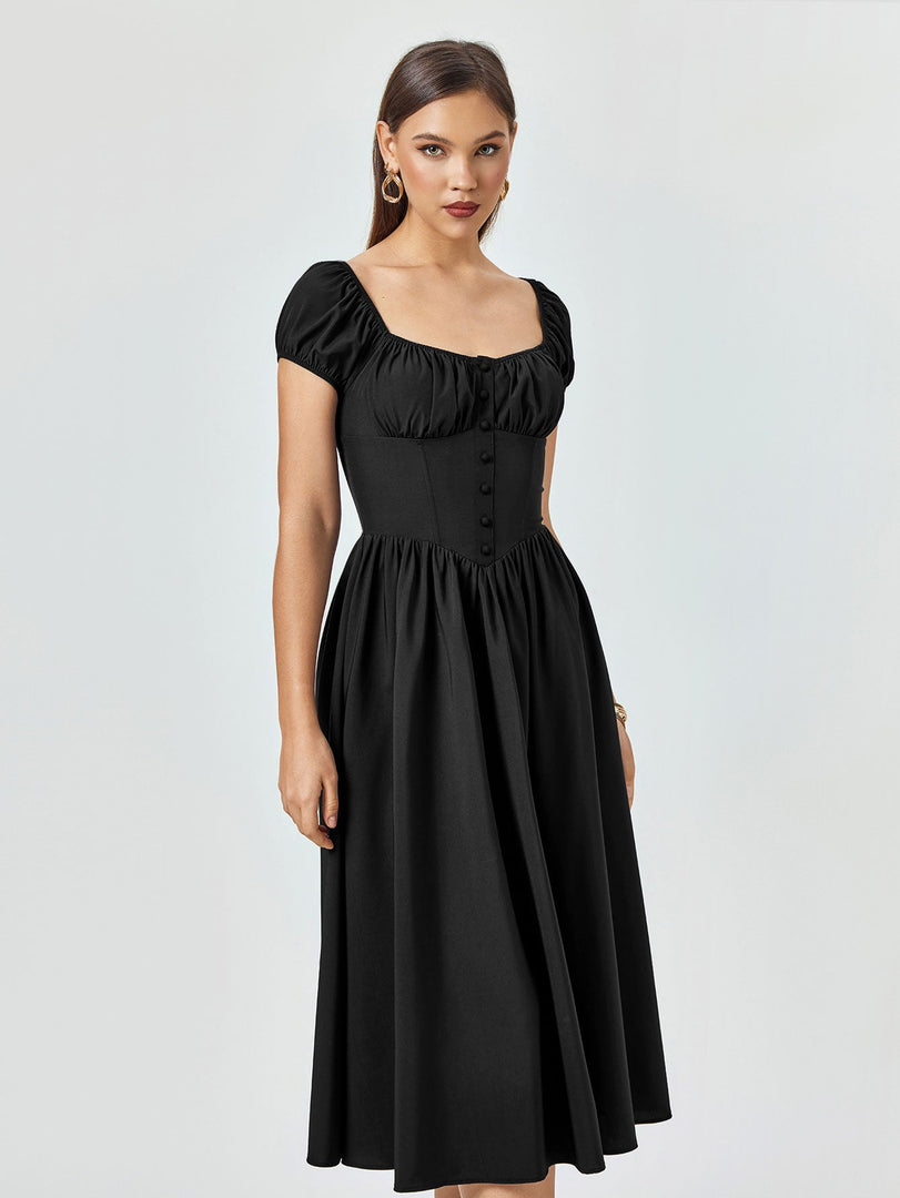 Puff Sleeve Ruched Bust Button Midi Dress | Wedding Guest Dress, Cocktail Dress