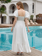 Puff Sleeve Ruched Waist Flared Long Dress | Prom Dress