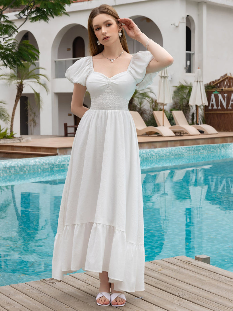 Puff Sleeve Ruched Waist Flared Long Dress | Prom Dress