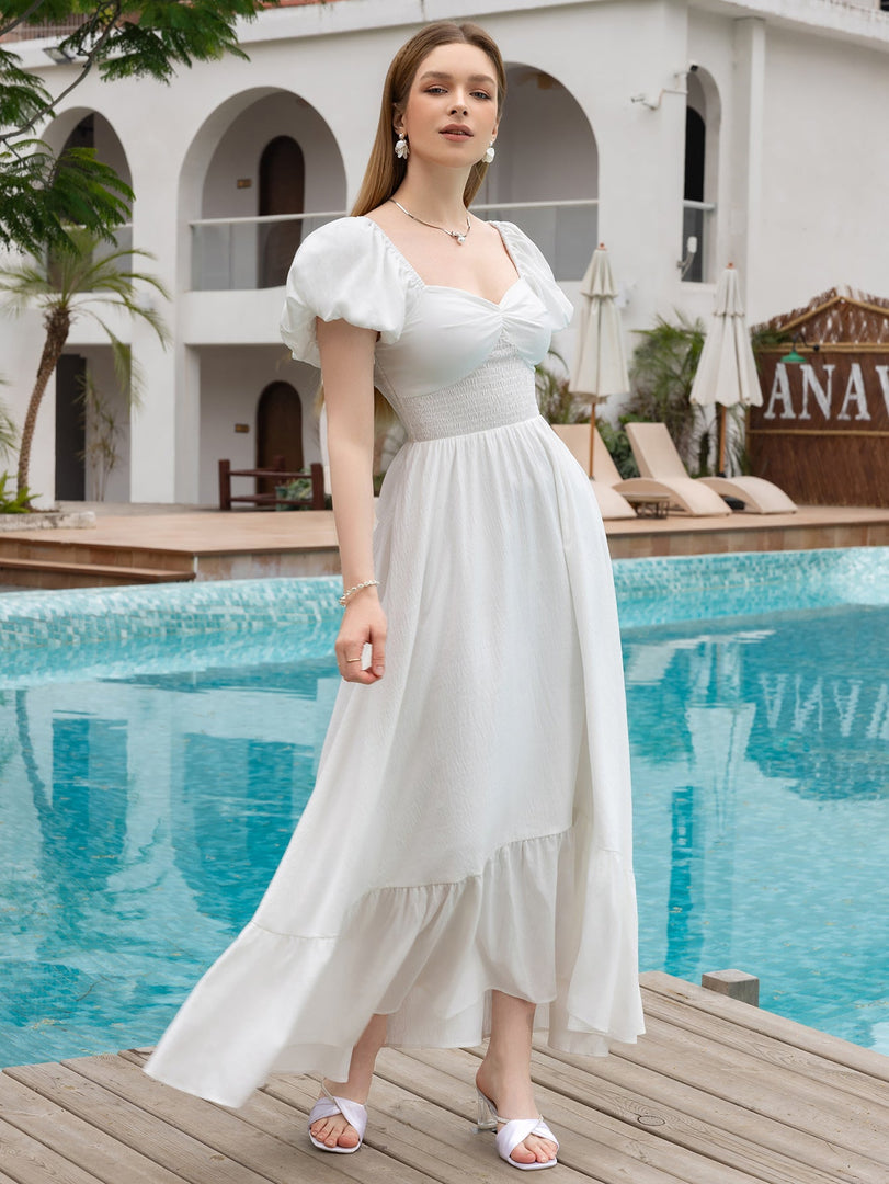 Puff Sleeve Ruched Waist Flared Long Dress | Prom Dress