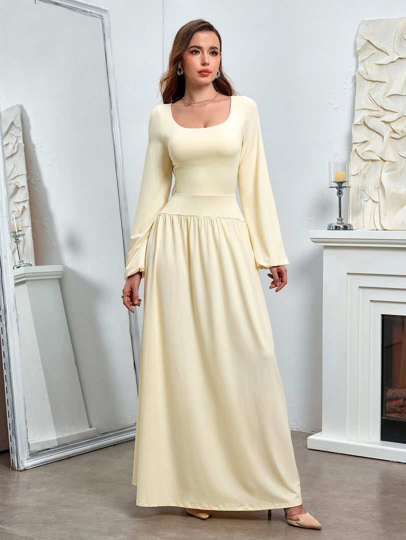 Puff Sleeve Square Neck Flared Bodycon Long Dress | Prom Dress