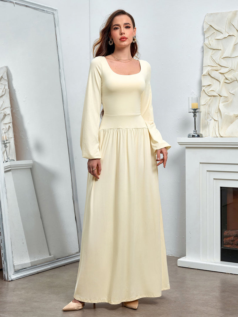 Puff Sleeve Square Neck Flared Bodycon Long Dress | Prom Dress