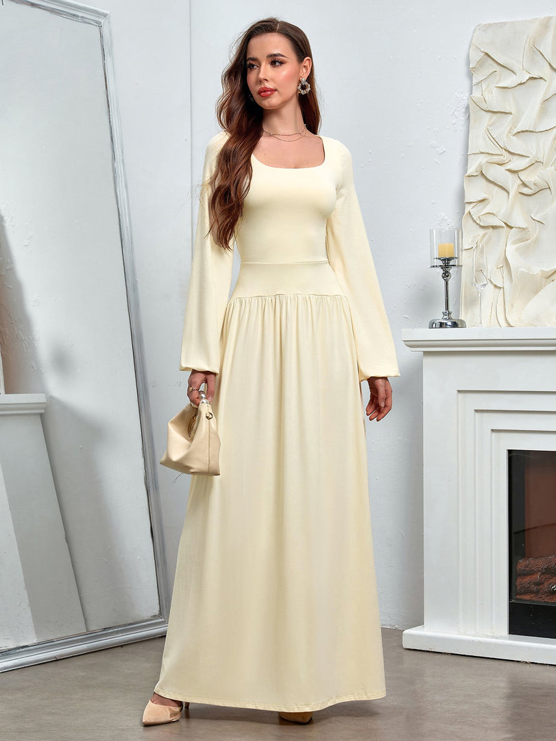 Puff Sleeve Square Neck Flared Bodycon Long Dress | Prom Dress