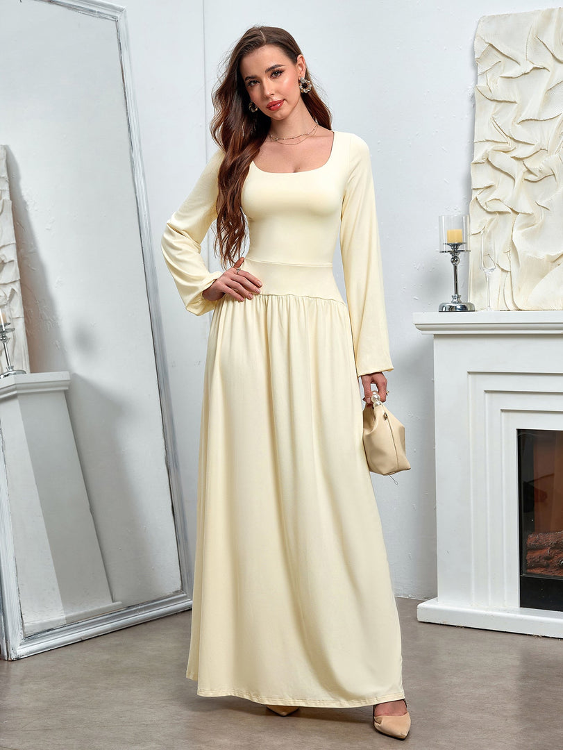 Puff Sleeve Square Neck Flared Bodycon Long Dress | Prom Dress