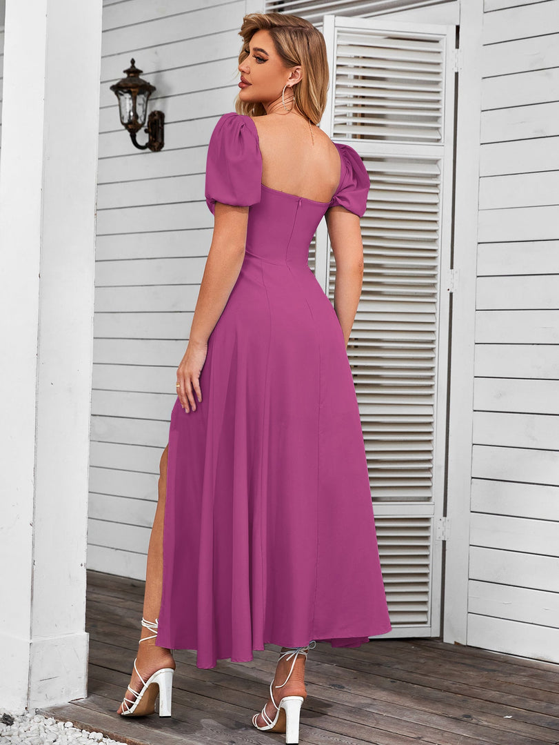 Puff Sleeve Tie Front Off Shoulder Slit Thigh Dress | Wedding Guest Dress