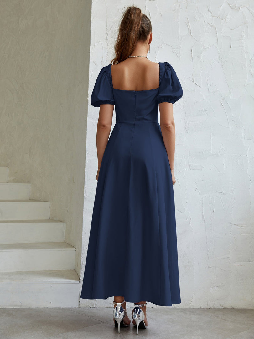 Puff Sleeve Tie Front Off Shoulder Slit Thigh Dress | Wedding Guest Dress