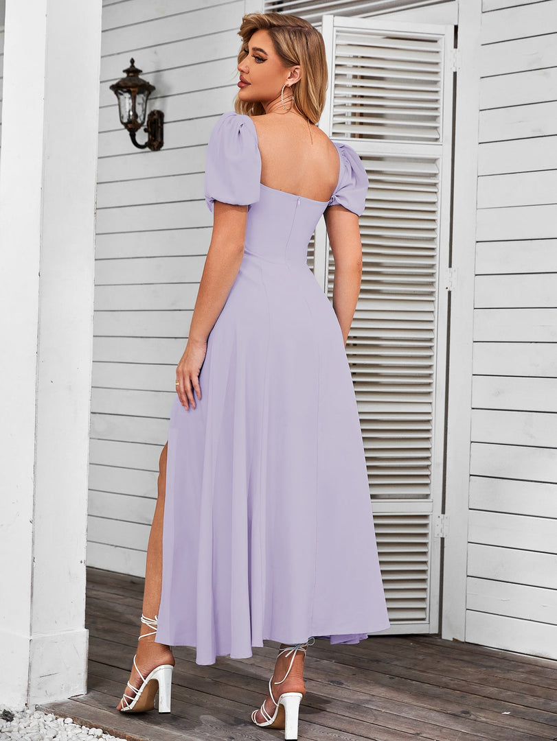 Puff Sleeve Tie Front Off Shoulder Slit Thigh Dress | Wedding Guest Dress