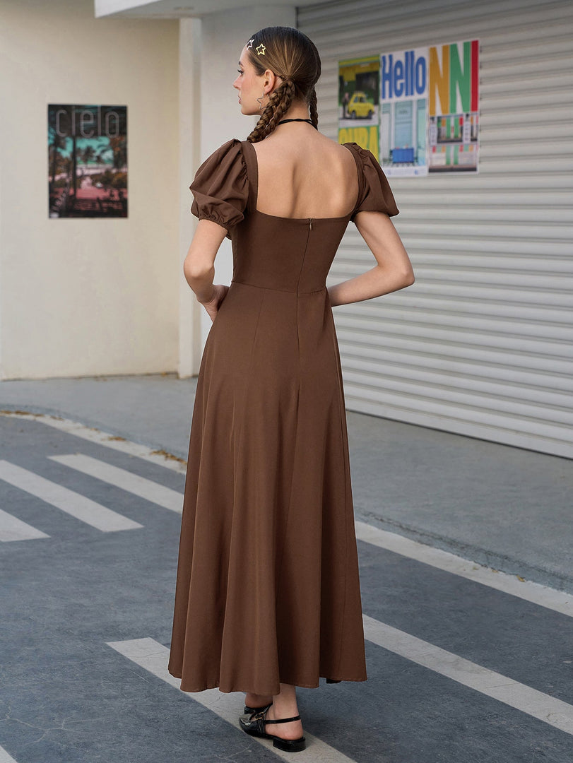 Puff Sleeve Tie Front Off Shoulder Slit Thigh Dress | Wedding Guest Dress