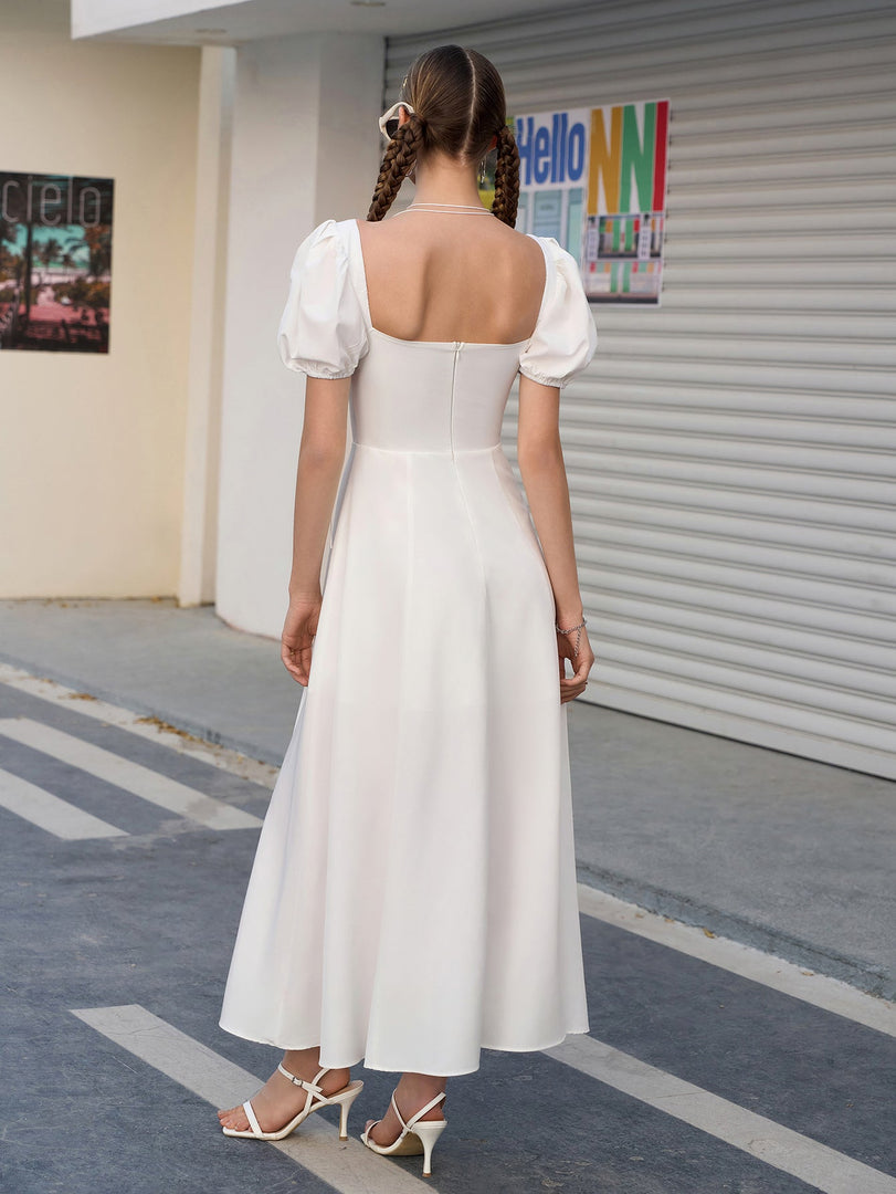Puff Sleeve Tie Front Off Shoulder Slit Thigh Dress | Wedding Guest Dress