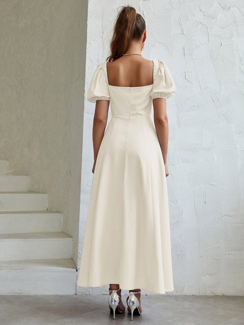 Puff Sleeve Tie Front Off Shoulder Slit Thigh Dress | Wedding Guest Dress