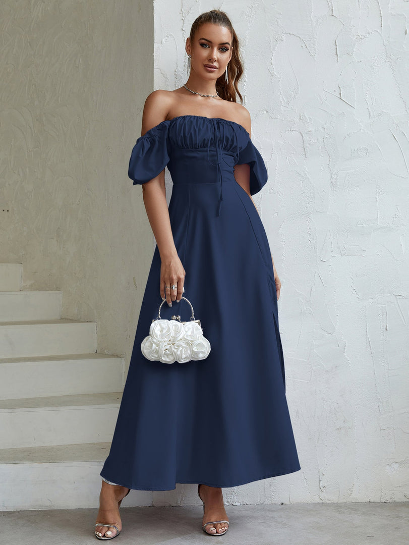 Puff Sleeve Tie Front Off Shoulder Slit Thigh Dress | Wedding Guest Dress