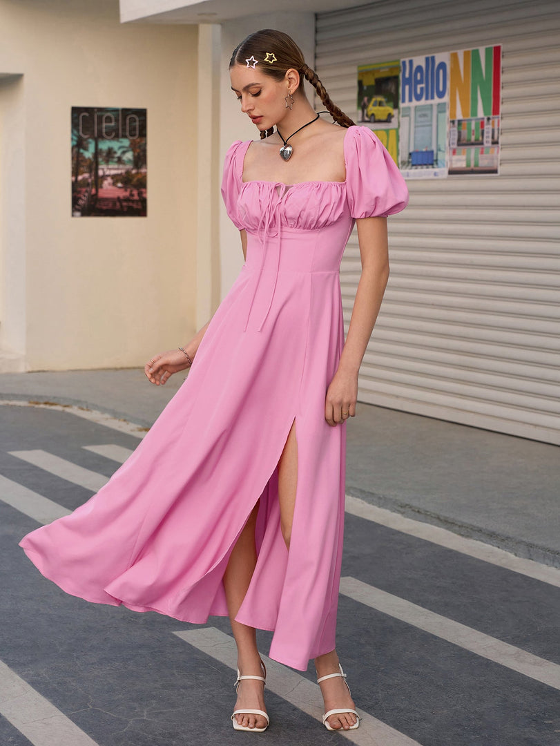 Puff Sleeve Tie Front Off Shoulder Slit Thigh Dress | Wedding Guest Dress