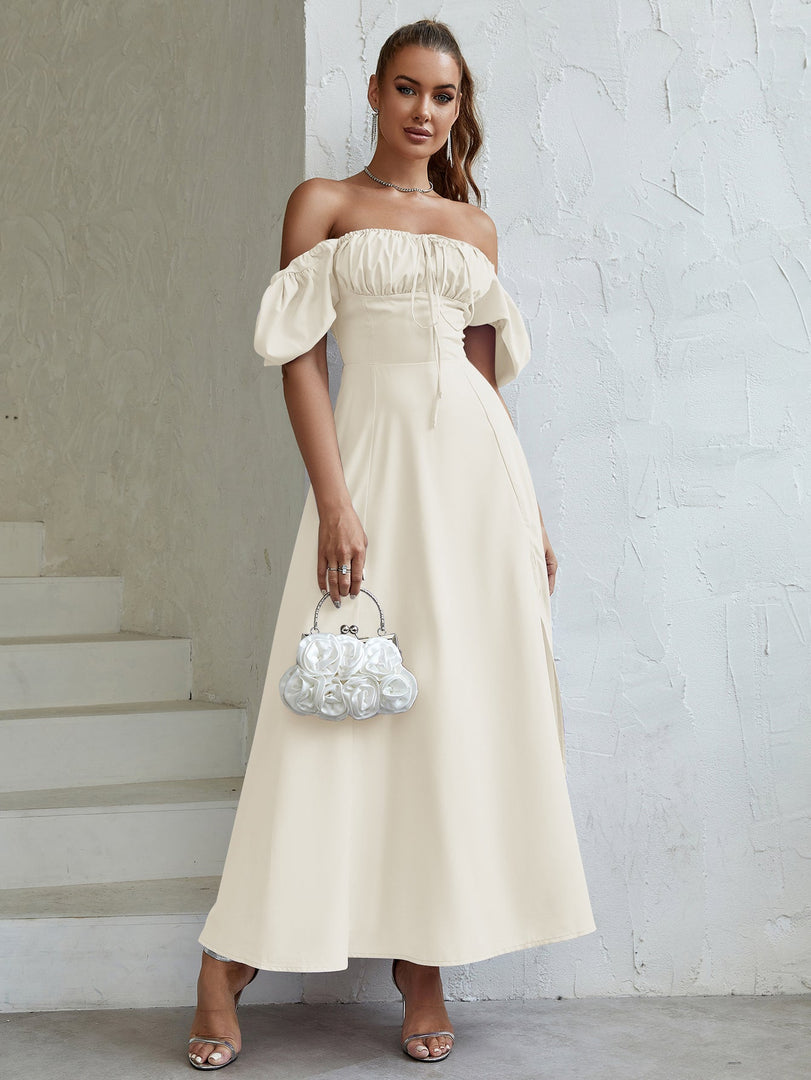 Puff Sleeve Tie Front Off Shoulder Slit Thigh Dress | Wedding Guest Dress