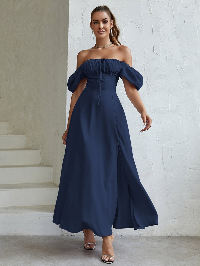 Puff Sleeve Tie Front Off Shoulder Slit Thigh Dress | Wedding Guest Dress