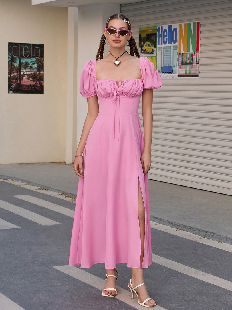 Puff Sleeve Tie Front Off Shoulder Slit Thigh Dress | Wedding Guest Dress