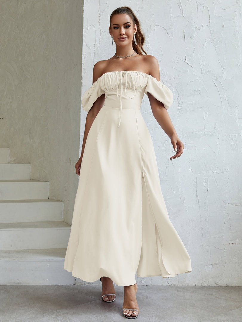 Puff Sleeve Tie Front Off Shoulder Slit Thigh Dress | Wedding Guest Dress
