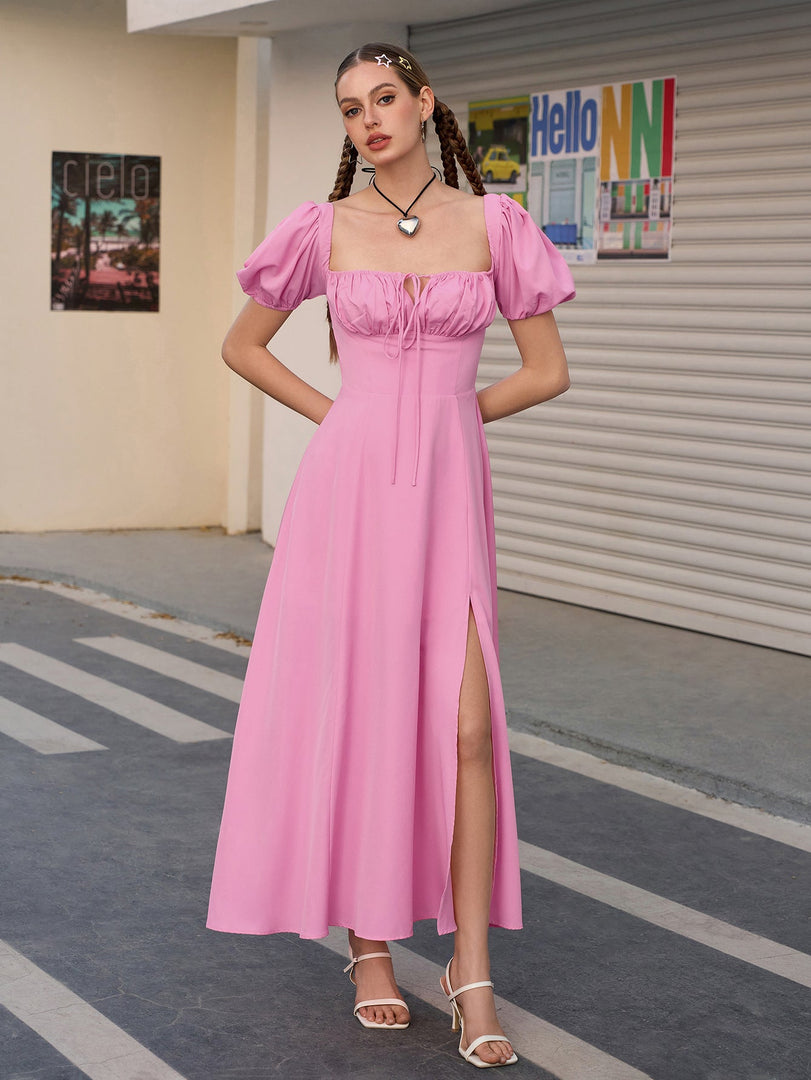 Puff Sleeve Tie Front Off Shoulder Slit Thigh Dress | Wedding Guest Dress