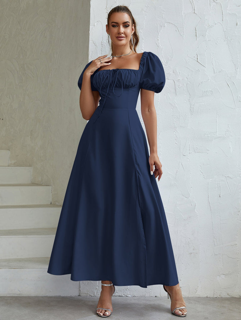 Puff Sleeve Tie Front Off Shoulder Slit Thigh Dress | Wedding Guest Dress