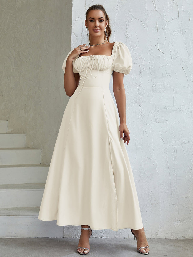 Puff Sleeve Tie Front Off Shoulder Slit Thigh Dress | Wedding Guest Dress