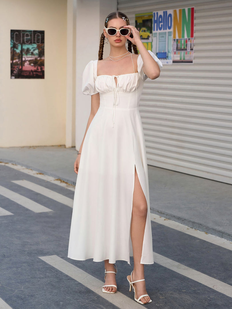 Puff Sleeve Tie Front Off Shoulder Slit Thigh Dress | Wedding Guest Dress