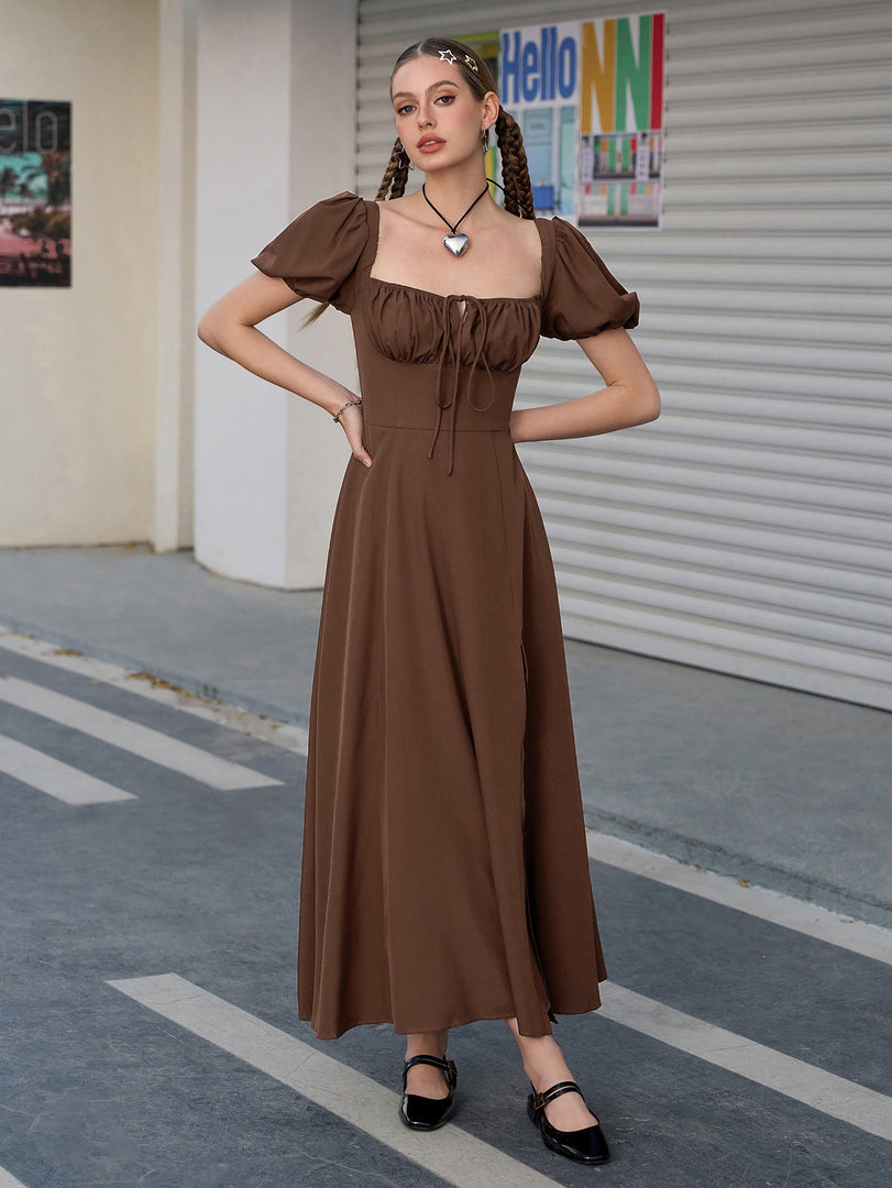 Puff Sleeve Tie Front Off Shoulder Slit Thigh Dress | Wedding Guest Dress