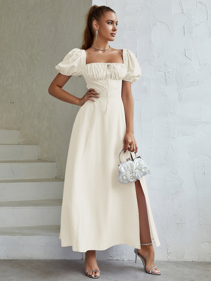 Puff Sleeve Tie Front Off Shoulder Slit Thigh Dress | Wedding Guest Dress
