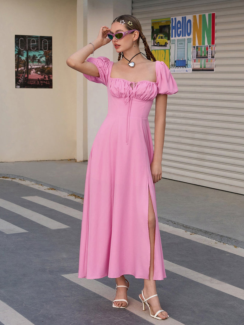 Puff Sleeve Tie Front Off Shoulder Slit Thigh Dress | Wedding Guest Dress
