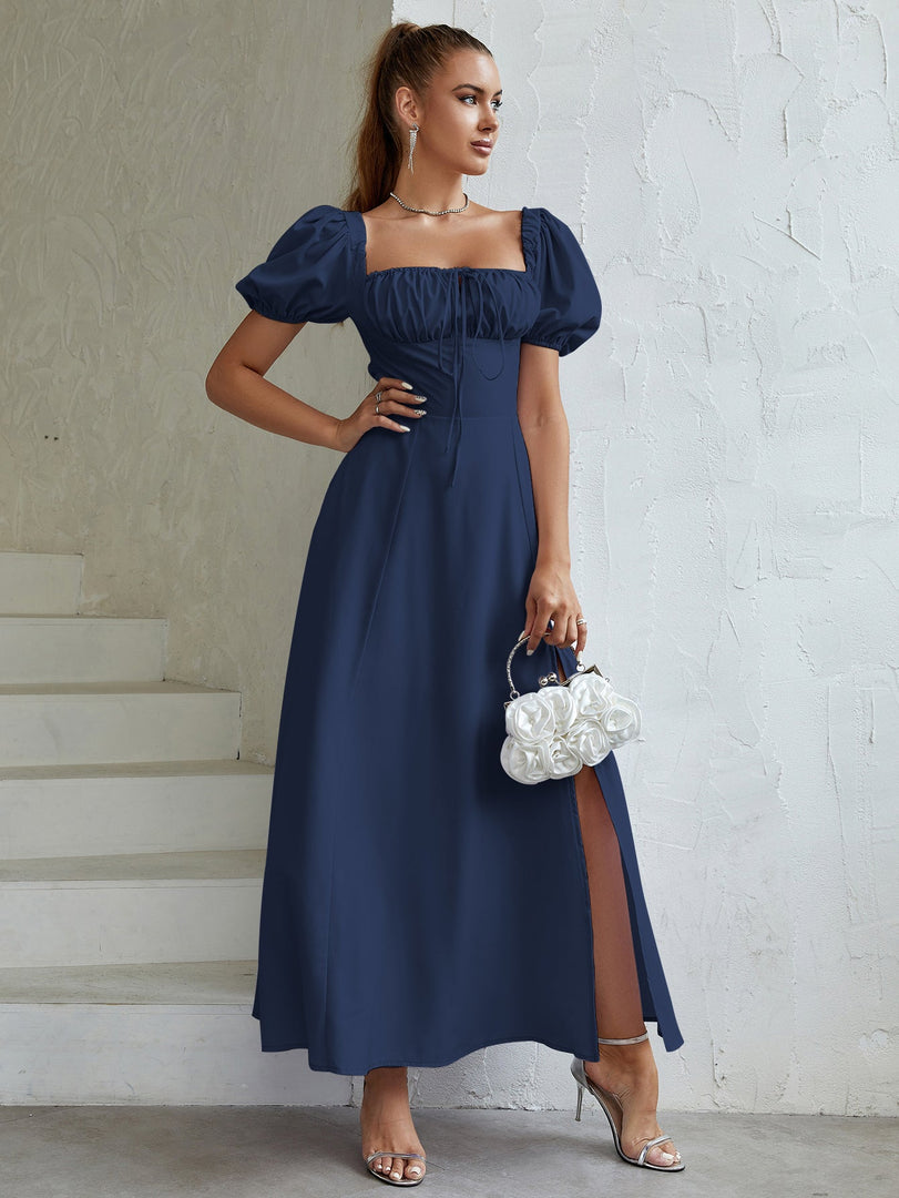 Puff Sleeve Tie Front Off Shoulder Slit Thigh Dress | Wedding Guest Dress