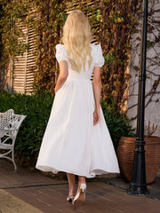 Puff Sleeve V-Neck Pleat Pocket Solid Long Dress | Bridesmaid Dress