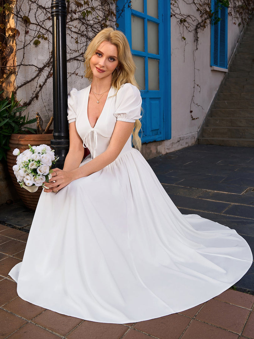 Puff Sleeve V-Neck Pleat Pocket Solid Long Dress | Wedding Guest Dress, Prom Dress