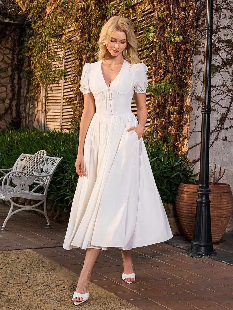 Puff Sleeve V-Neck Pleat Pocket Solid Long Dress | Wedding Guest Dress, Prom Dress