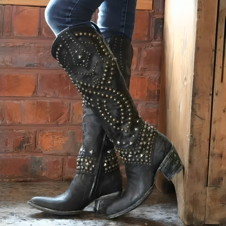 Women's Boots Studded Detail Pointed Toe Block Heel Style