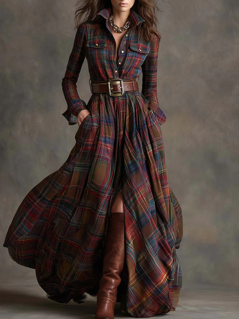 Women's Plaid Maxi Shirt Dress Belted Flowing Style