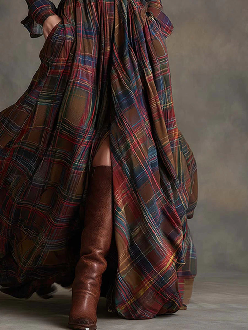 Women's Plaid Maxi Shirt Dress Belted Flowing Style