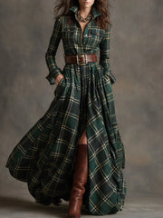 Women's Plaid Maxi Shirt Dress Belted Flowing Style
