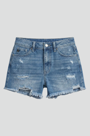 Women's Dark Blue Denim Shorts Distressed Frayed Hem Style