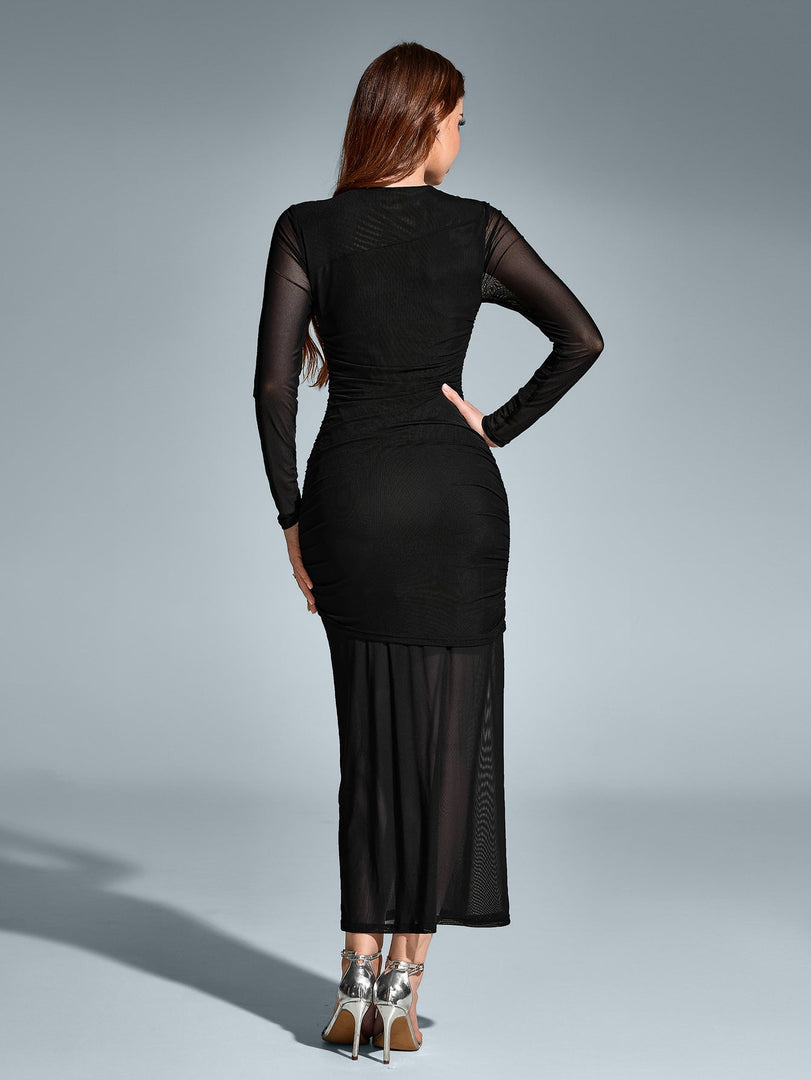 Round Neck Ruched Mesh Bodycon Dress | Cocktail Dress, Homecoming Dress