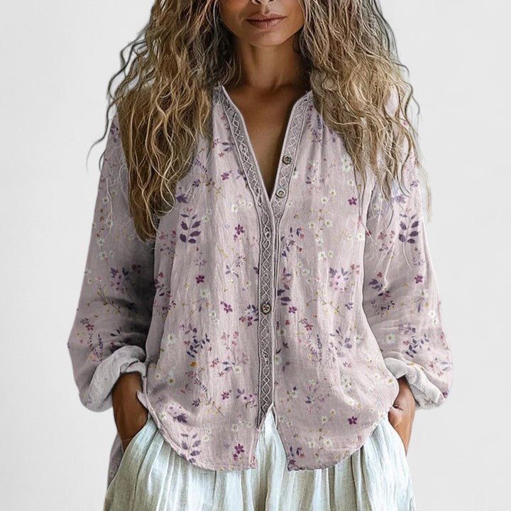 Women's Floral Print Blouses Zip Front Long Sleeve Lightweight Style